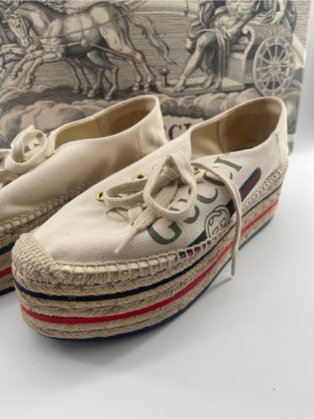 Gucci Cream Canvas Platform Espadrilles with Navy and Red Stripes #824-6138